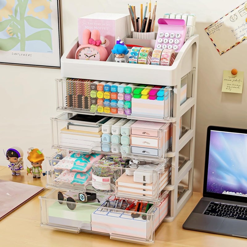 ORGIDOL Desk Organizer with 4 Drawer Storage, Desktop Drawers Organizer for Office/School Supplies, Plastic Stationary Makeup Organizer, Desk Storage Box Organizer for Office, School, Bathroom - Image 2